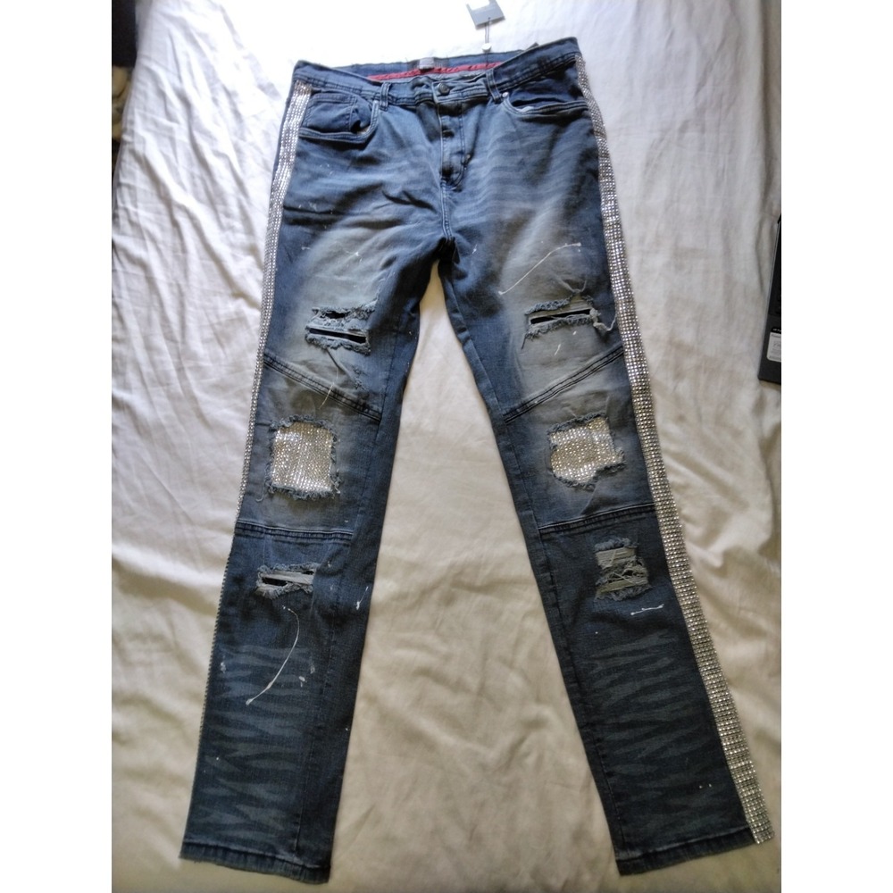 Encrypted Jean Skinny Fit Distressed Bling Denim Mens  40"x34"